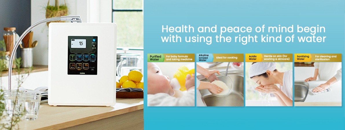 White countertop water purifier on a kitchen counter beside lemons; blue banner promotes purified water and its uses.
